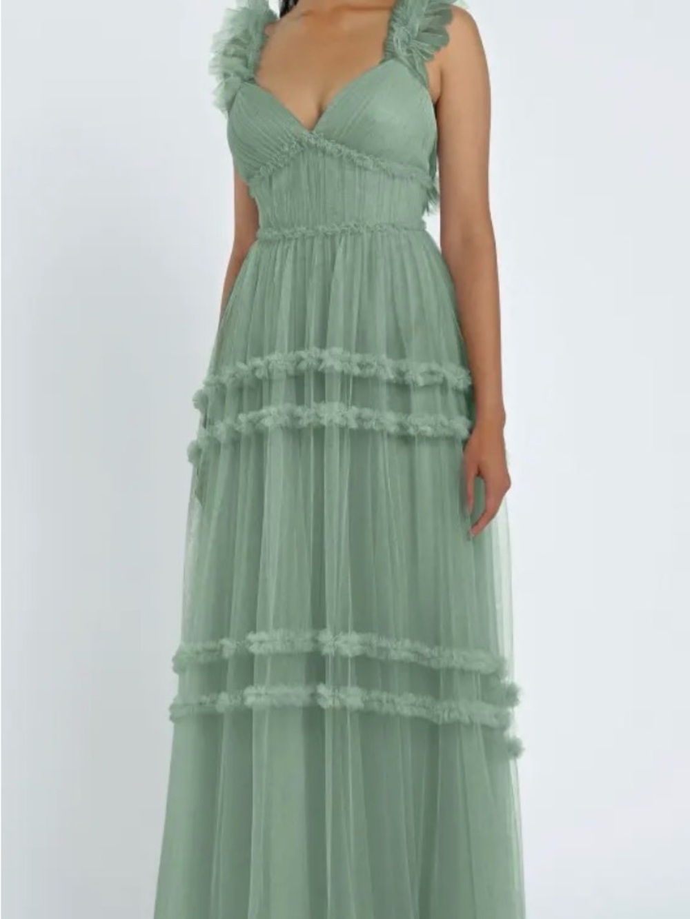 Jenny Yoo Sage Green Tulle Ruffled Strap Maxi Dress